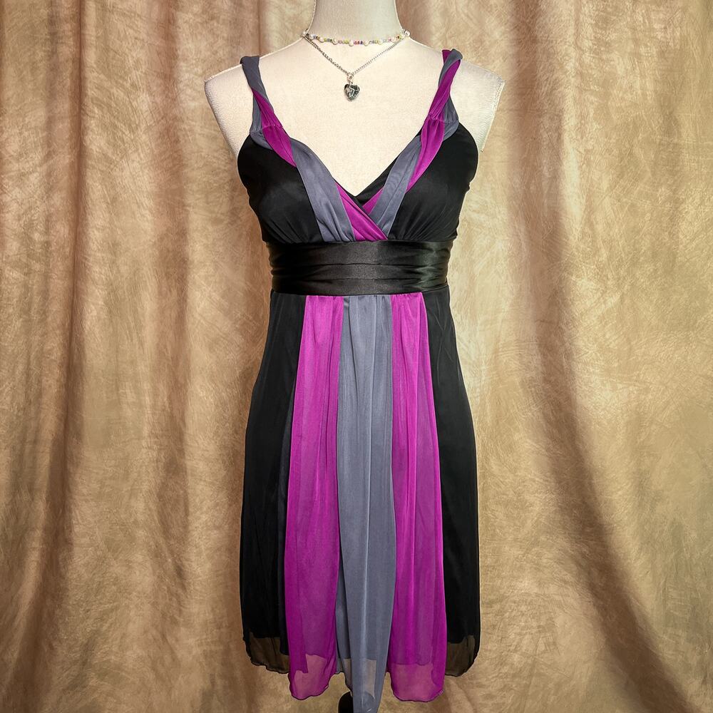 Vintage Mini Dress 90s Empire Waist Sleeveless Purple Gray Black Party Formal
